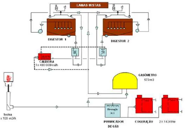 Figura  2.2  –  Fluxograma  dos  digestores  anaeróbios  para  a  produção  do  biogás  na  ETAR  de  Beirolas.(adaptado a SimTejo, 2007) 