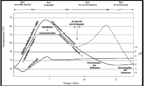 Figura 7 - Evolução da temperatura e do pH durante a compostagem (López-Real, 1995) 