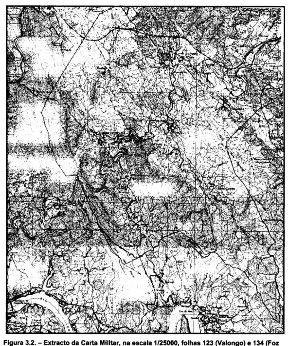Figura 3.2. - Extracto da Carta Militar, na escala 1/25000, folhas 123 (Valongo) e 134 (Foz  do Sousa (Gondomar)), correspondente à área em estudo, na zona sul do concelho  de Paredes, com o limite da mesma a vermelho