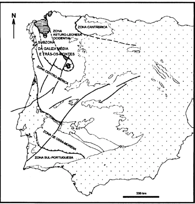 Figura 3.5. - Zonamento paleogeográfico e tectónico do Maciço Antigo (adaptado de RIBEIRO ef  ai., 1979)