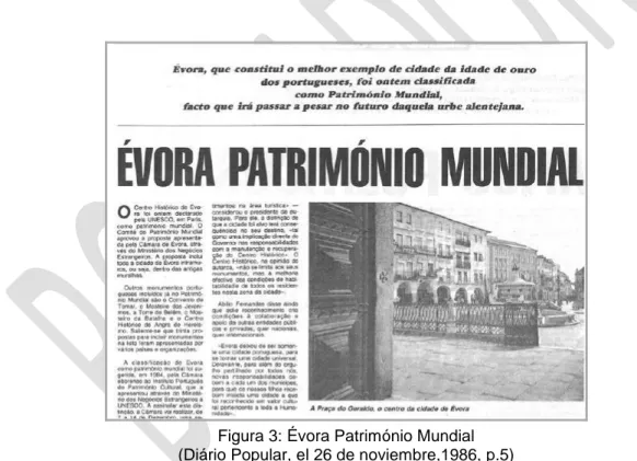 Figura 3: Évora Património Mundial  (Diário Popular, el 26 de noviembre,1986, p.5) 