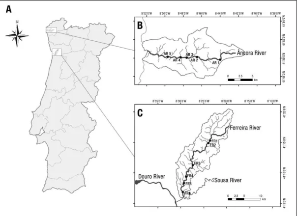 Fig.  3.  Geographical  situation.  (A)  Location  of  the  hydrographic  basins  of  River  Âncora,  B,  and  River  Ferreira,  C  (rectangles), in Portugal mainland; (B) Details of the hydrographic basin of the Âncora River and the distribution of the  s