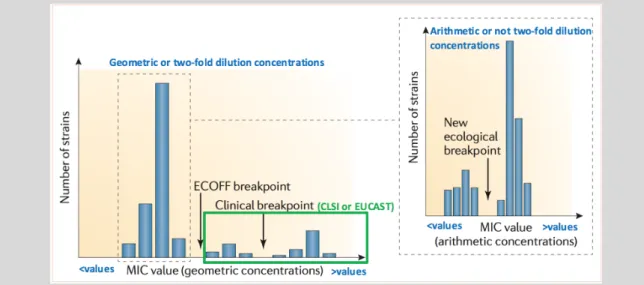 FIGURE  6  –  Clinical  and  epidemiological  breakpoints  of  susceptibility  to  antibiotics  [adapted  with  permission from reference (134)]