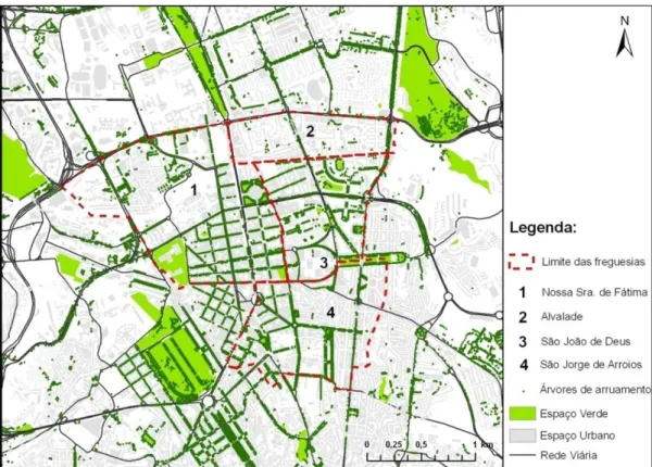 Figura 7.8 – Mapa com a representação dos espaços verdes e árvores de arruamento das freguesias de  Alvalade, Nossa Sra