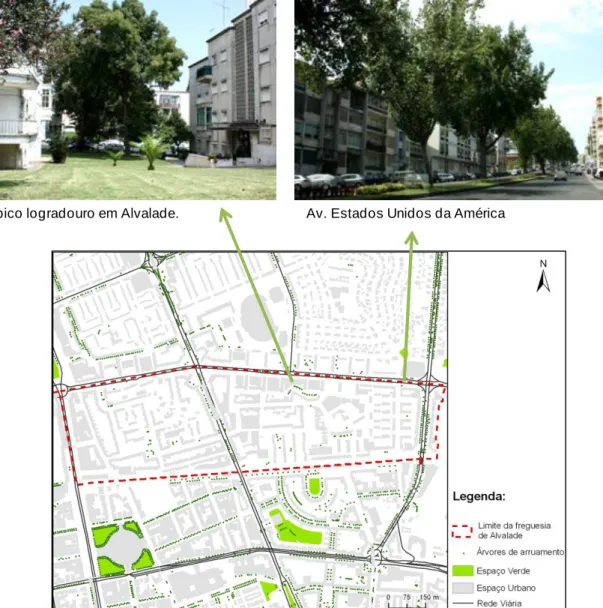 Figura 7.11 – Esquema ilustrativo da localização dos espaços verdes na Freguesia de Alvalade