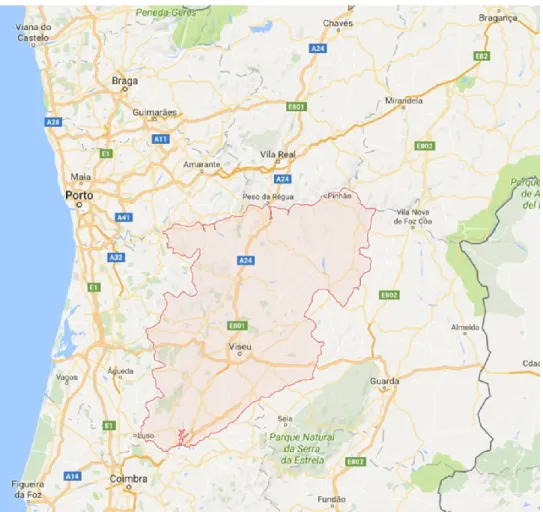 Figura nº 1: Localização da CSSM delimitando o Distrito de Viseu  Fonte: https://www.google.pt/maps  