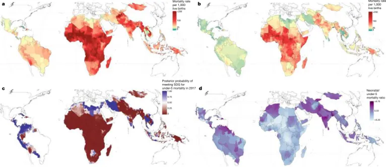 Fig. 1 | U5MR estimates in 99 LMICs. a, U5MR at the second  administrative level in 2000