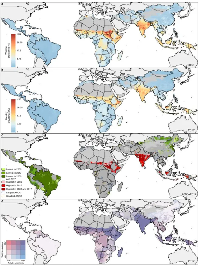 Fig. 3 | Prevalence of wasted children under 5 in LMiCs (2000–2017). a–c, Prevalence of moderate and severe wasting among children under 5 at a  5  ×  5-km resolution in 2000 (a) and 2017 (b)