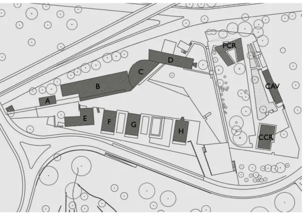 Fig. 1 – Plan of the Faculty of Architecture of the University of Porto (FAUP). A – Bar;  B –  Administrative Services and Auditorium; C – Gallery for Exhibitions; D – Library;  E, F, G, H –  Classrooms and Teacher’s offices; PCR – Carlos Ramos Pavilion – 