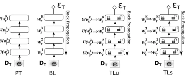 Figure 4.3: A pictorial representation of approaches: Pre-training (PT), Baseline (BL), Transfer Learning unsupervised (TLu) and Transfer Learning supervised (TLs) with the option of lock or unlock for each layer