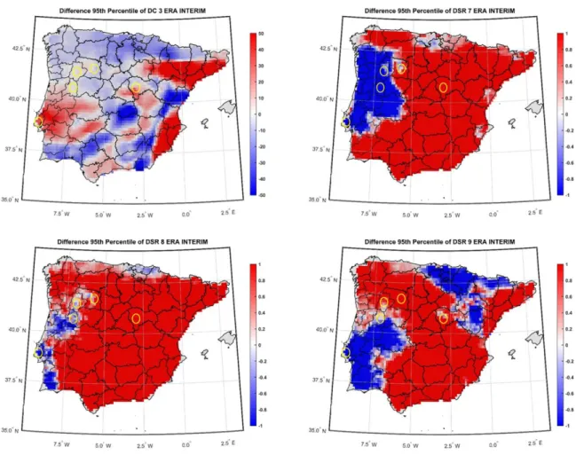 Figure 8: Differences of the 95 h  percentile of DC, between 1980 – 1997 and 1998 – 2015, for March (upper left); 