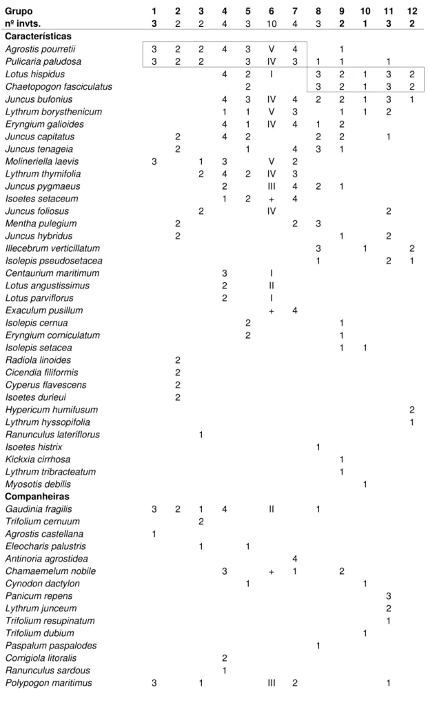 Tabela 5. Agrostion pourretii (Isoetetalia, Isoeto-Nanojuncetea)  Grupo  1  2  3  4  5  6  7  8  9  10  11  12  nº invts