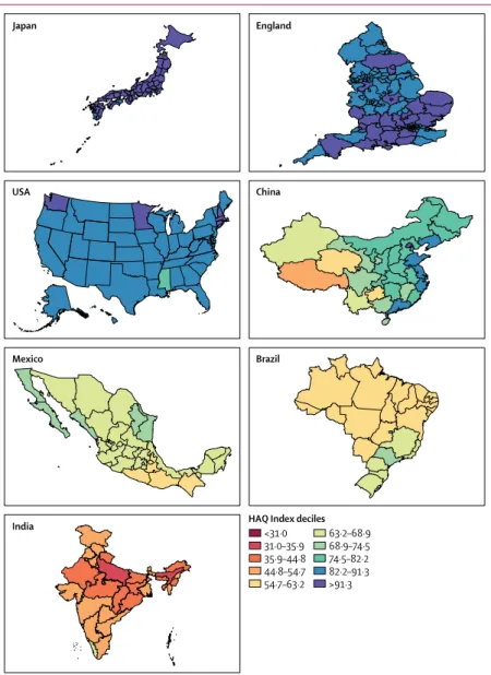 Figure 2: Map of HAQ Index values for selected subnational locations in 2016
