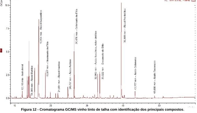 Figura 12 - Cromatograma GC/MS vinho tinto de talha com identificação dos principais compostos