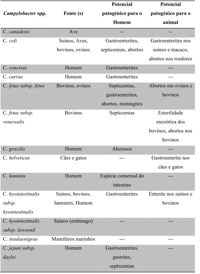 Tabela 1 - Principais espécies e reservatórios de Campylobacter spp. 