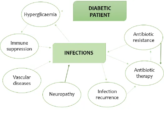 Figure 2. Interplay among factors associated with diabetes, infections and  antibiotic resistance in diabetic patients (original)