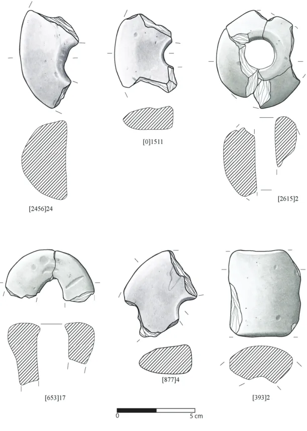 Figura 5 – Fragmentos de cossoiros do sítio de São Pedro (desenhos de I. Conde / Tintagem C