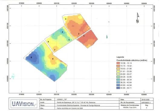 Figura 12- Carta de condutividade eléctrica – parcela da casta “Touriga  Nacional”. Quinta da Esperança, Estremoz 2008