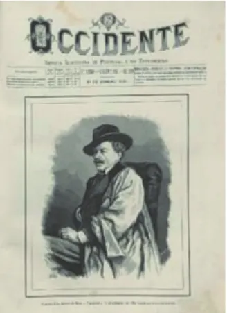 Fig. 6 O Ocidente, capa com retrato do actor João A. Rosa,   autor da Opera «Derelita», gravura de Alberto Macedo   a partir de fotografia de A
