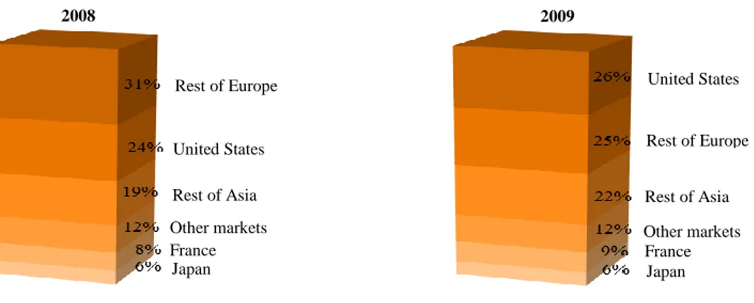 Figure 5: Wines &amp; Spirits’ revenue by geographic region of delivery     France  Rest of Asia  Japan  United States  Rest of Europe Other markets  France  Rest of Asia  Japan  United States  Rest of Europe Other markets  2008  2009 