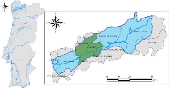 Figura 3 - Enquadramento área de estudo na bacia hidrográfica do rio Cávado e em Portugal Continental