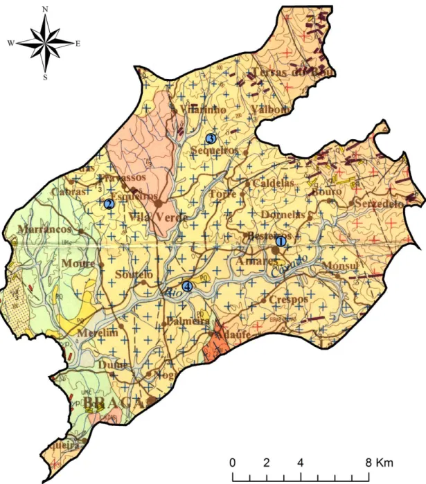 Figura  6  –  Localização dos povoados da  Santinha  (1), Barbudo (2), São Julião (3) e  Lago (4), sobre a  Carta Geológica de Portugal, Folha 1, na escala 1:200 000.
