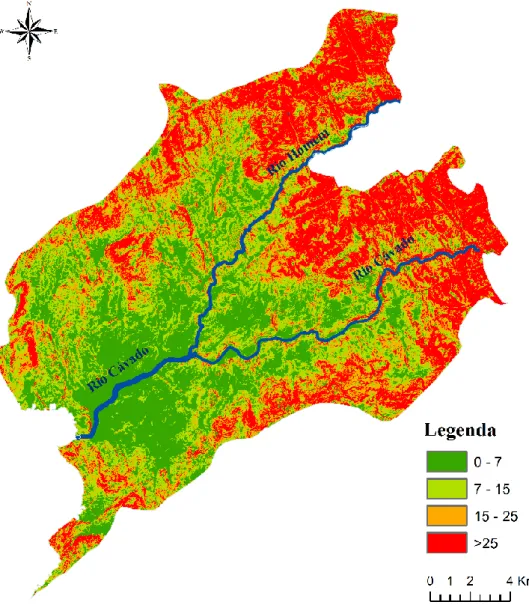 Figura 8 – Mapa de declives (%) da área de estudo. Fonte cartográfica: Câmara Municipal de  Amares, Câmara Municipal de Braga, Câmara Municipal de Póvoa de Lanhoso e Câmara 