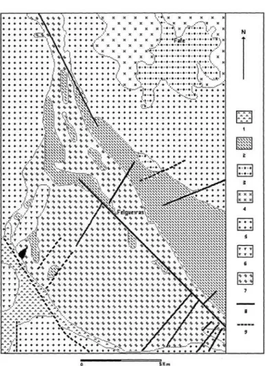 Fig. 7 — Extracto da folha 9B da Carta Geológica de Portugal. 1. Corneanas; 2. 