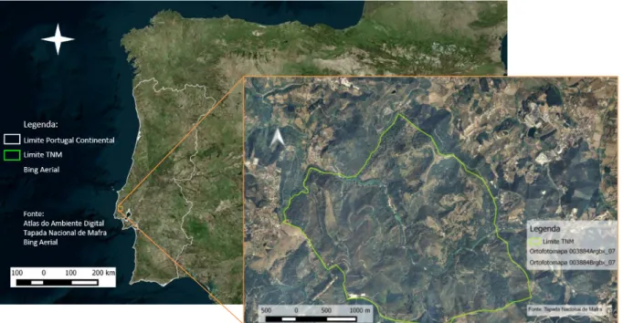 Figura 1 - Localização geográfica e delimitação da área de estudo (Tapada Nacional de Mafra) (Fonte: Atlas do  Ambiente Digital, Bing Aerial, Tapada Nacional de Mafra)