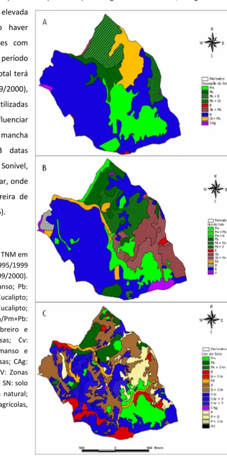 Figura 6 - Mapas de ocupação do solo na TNM em  A-1967  (HIERA),  B-1974  (DGF)  e  C-1995/1999  (Fotointerpretação)  (Filipe  Catry  1999/2000)