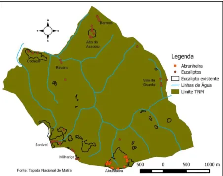 Figura 8 - Localização dos pontos de amostragem para a Tarefa I – pontos dispersos por diferentes manchas de  eucaliptal 2  (castanho) e Tarefa II – eucaliptal da Abrunheira (cor de laranja)