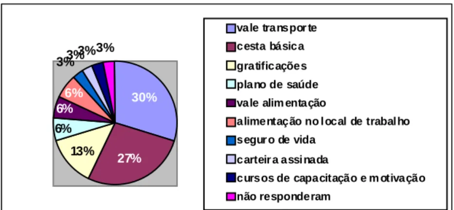 Figura 3: Benefícios concedidos aos trabalhadores  Fonte: Rodrigues (2010) 3%3%3%3%13% 27%6%6%6% 30% vale  transpor tecesta  básicagratificações plano de  saúde vale  alim entação