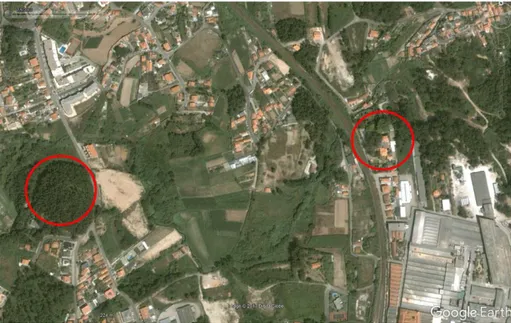 Figura 4- Vista aérea da localização da necrópole (dta.) e do Castro de Valadares (esq.)