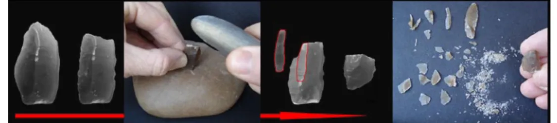 Figure 8 - Experimental production of bladelets and small flakes on flint, by anvil percussion