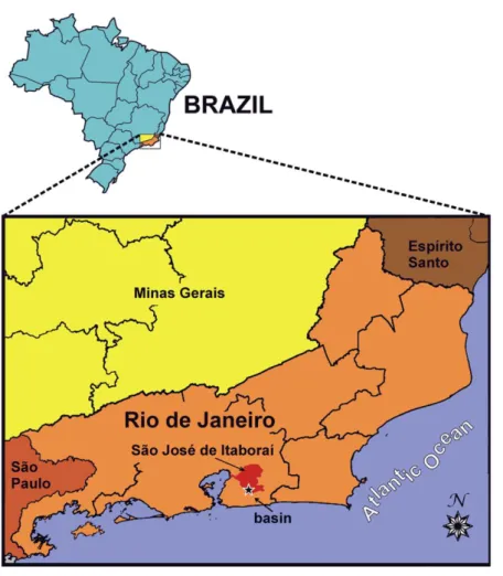Figura 1- Localização  da Bacia de Itaboraí Adaptado de  Kellner, Pinheiro &amp; Campos     (2014)