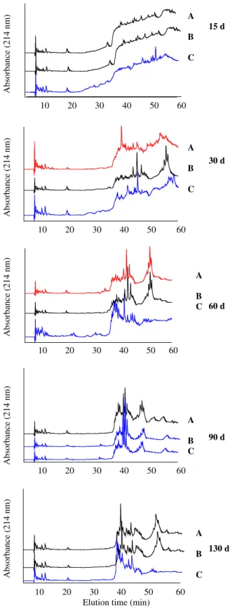 Fig. 5. RP-HPLC chromatograms of the ethanol (70 ml, 100 ml 1 )-insoluble frac- frac-tions at 15, 30, 60, 90 and 130 days of ripening.