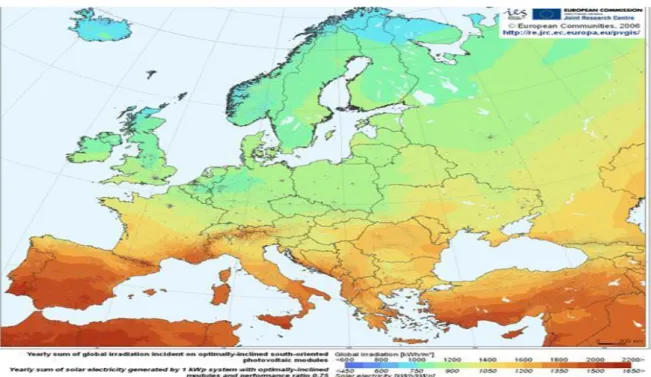 Figura 2.1 - Potencial do Fotovoltaico na Europa. Fonte: EU, Joint Research Centre. 