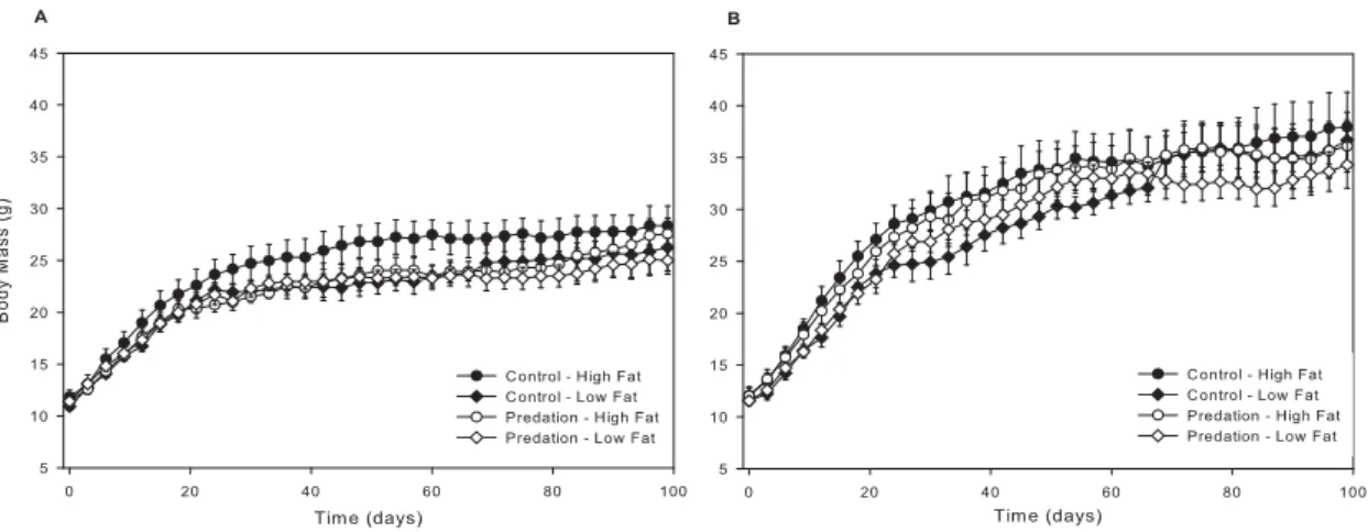 Figure 1 ‐ Body mass variation (Mean ± S.E.) across the study. A – Females; B‐ Males. 