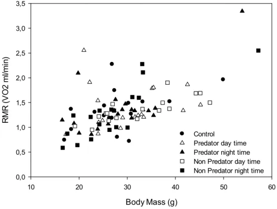 Figure 3 – Effects of body mass (g) on resting metabolic rate (ml O 2 /min) for all  the measured individuals. Experimental treatment had no significant effect on  the resting metabolic rate (F 4,8 =1.021, p=0.403). 