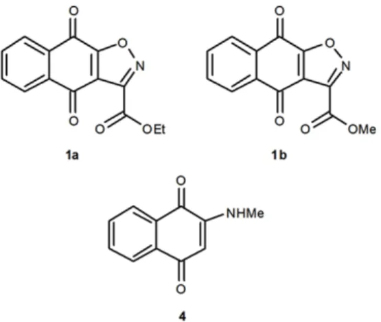 Figure  3.1.    Chemical  formula  of  naphtho[2,3-d]isoxazole-4,9-dione-3-carboxylates  1a and  1b, and naphthoquinone 4