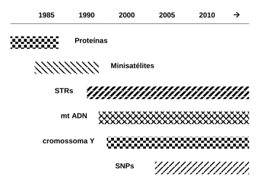 Figura I.1: Evolução da utilização dos marcadores moleculares em Genética Forense, modificado de  Carracedo, 2013