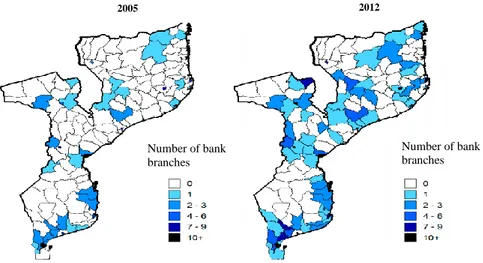 Figure 7: Comparison between the number of Bank Branches in Mozambique in 2005 and in 2012 