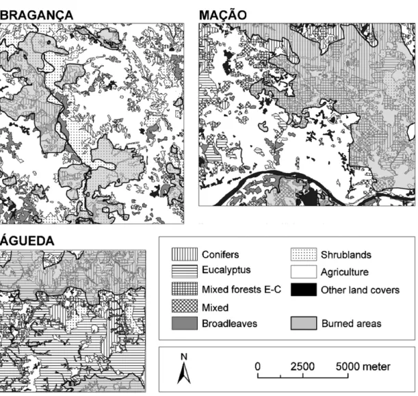 Fig. 2. Maps of the three study areas including information on land covers (in 1990) and areas burned during the study periods.