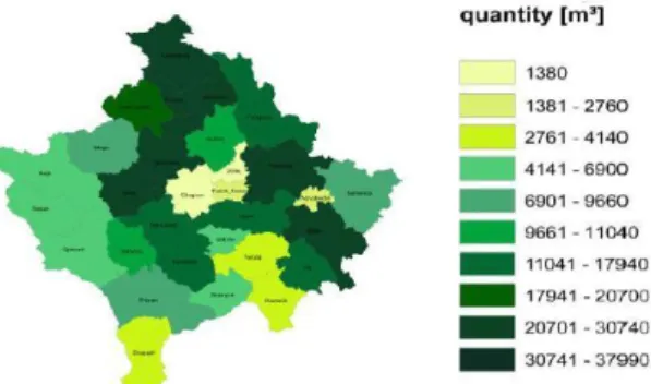 Figure 2.7. Allocation of in Kosovo (light green – low quantity, dark green – high quantity)  The needs for Turkey oak in Kosovo in different districts