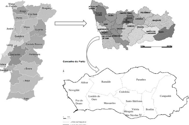 Figura 2 – Enquadramento geográfico do concelho do porto (Fontes: Worldmap; S. Horta; Mapis)