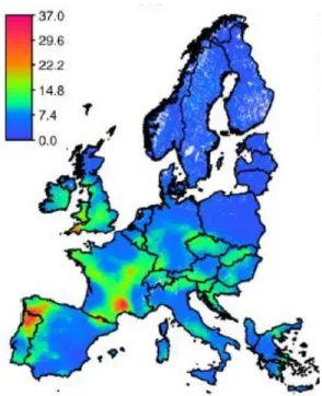 Figura 10 - Mapa Europeu, obtida por krigagem, da concentração do As à superfície do solo (adaptado Lado,  2008)