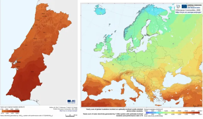 Figura   15.   Irradiação   global   e   potencial   de electricidade fotovoltaica em Portugal [14].