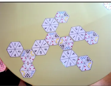 Ilustração 14: Peças do dominó hexagonal com combinação de  bolas e números 