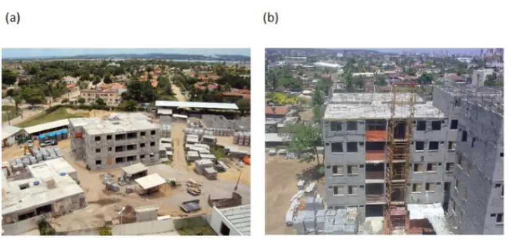 Figura 1: (a) estoque e montagem de lajes maciças pré-moldadas e (b) estoque e montagem das lajes maciças com painéis  treliçados