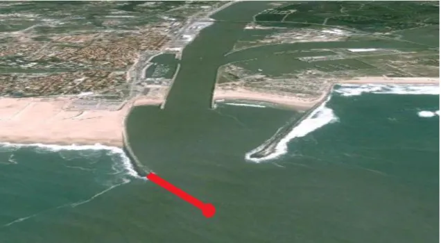Figura 1.2. – Planeamento para a melhoria das condições de acesso e abrigo no Porto da Figueira da Foz  (Google Earth, adaptado do IPTM) 